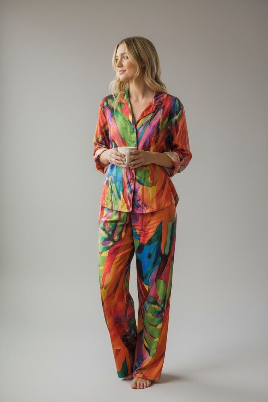 Vintage Natori 2 Piece Abstract Watercolor Lounge Pajama Set S